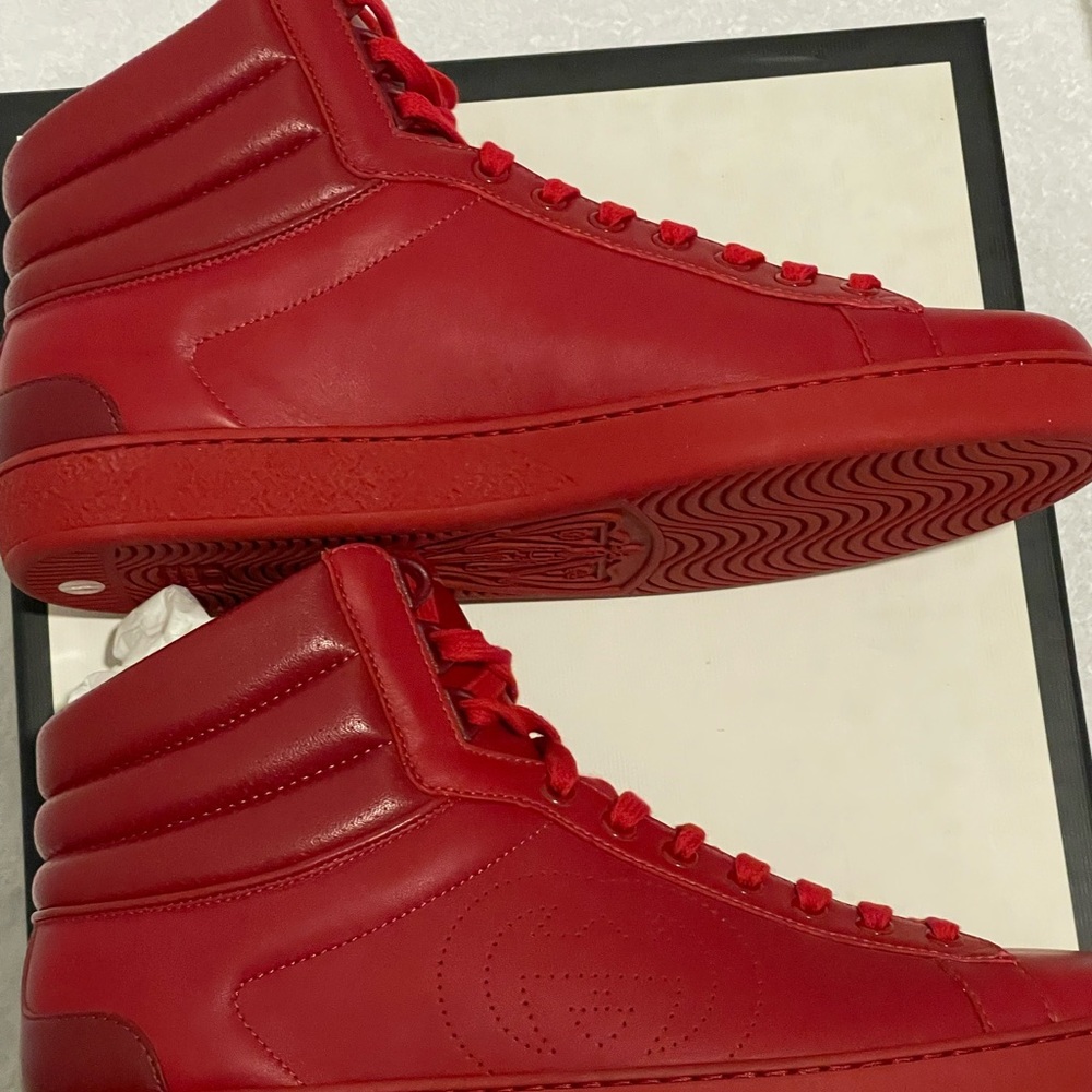 NEW GUCCI ACE High Top Sneaker GG Logo Bootie Red Leather Mens UK 8/ US 8.5
